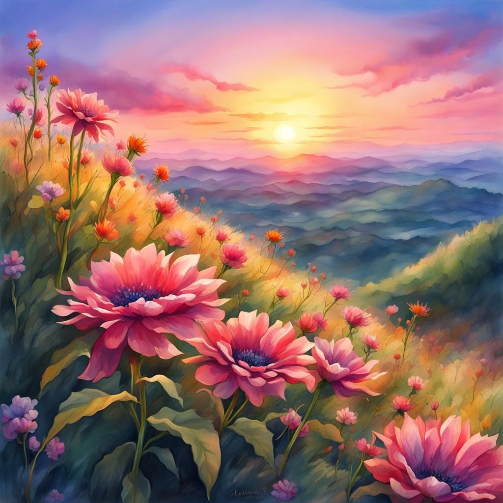 Sunset Flower Hill: Watercolor Ink Acrylic Painting