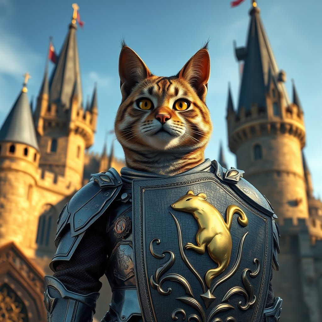 Regal Cat in Armor Defends Kingdom with Golden Mouse Shield