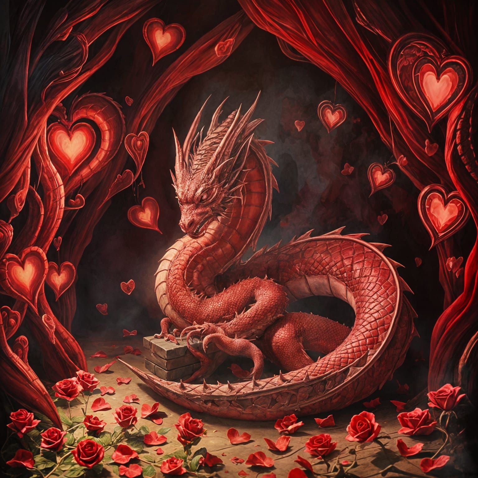 Ethereal Red Dragon Guards Treasure in a Vibrant Cave