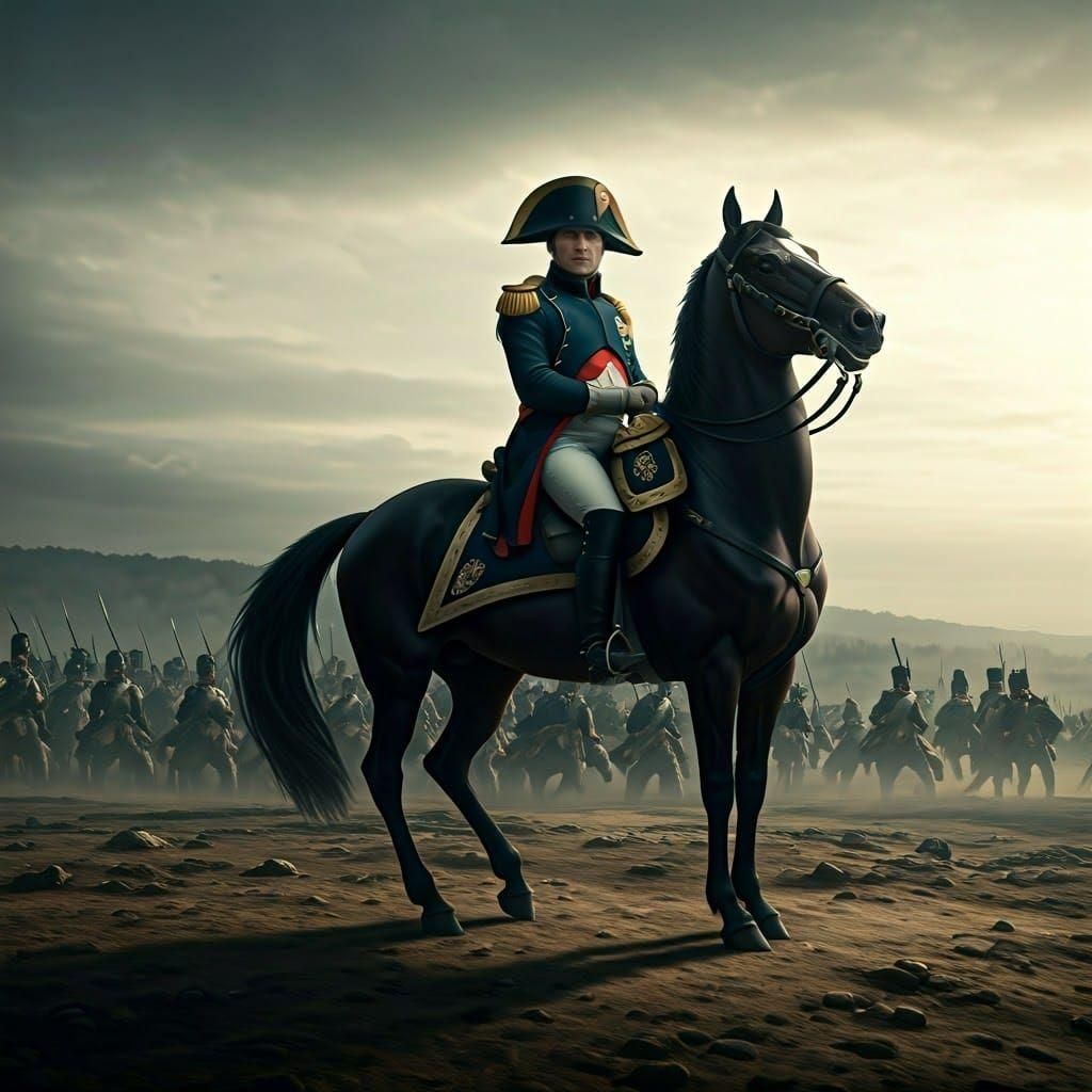 Napoleon on Horseback Overlooking Battlefield in Cinematic S...