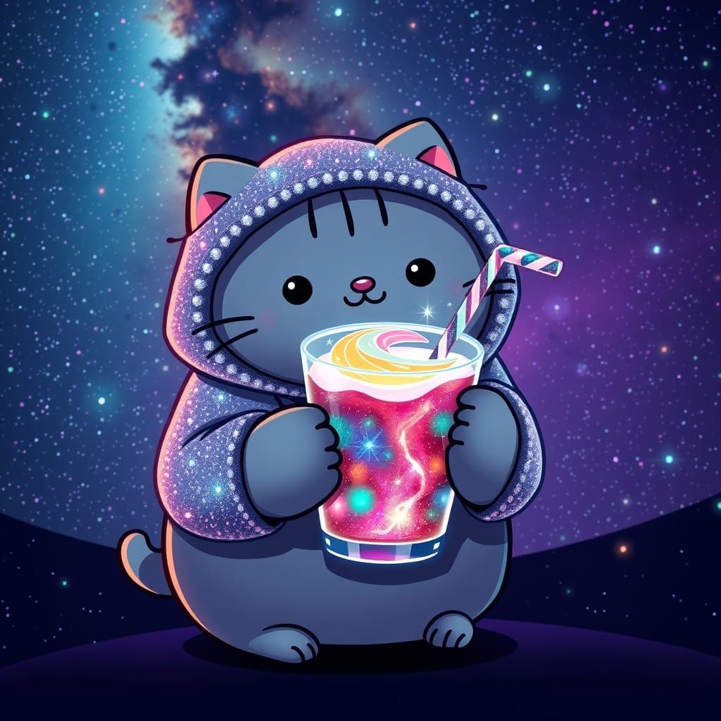 Galactic Pusheen Sips Cosmic Smoothie