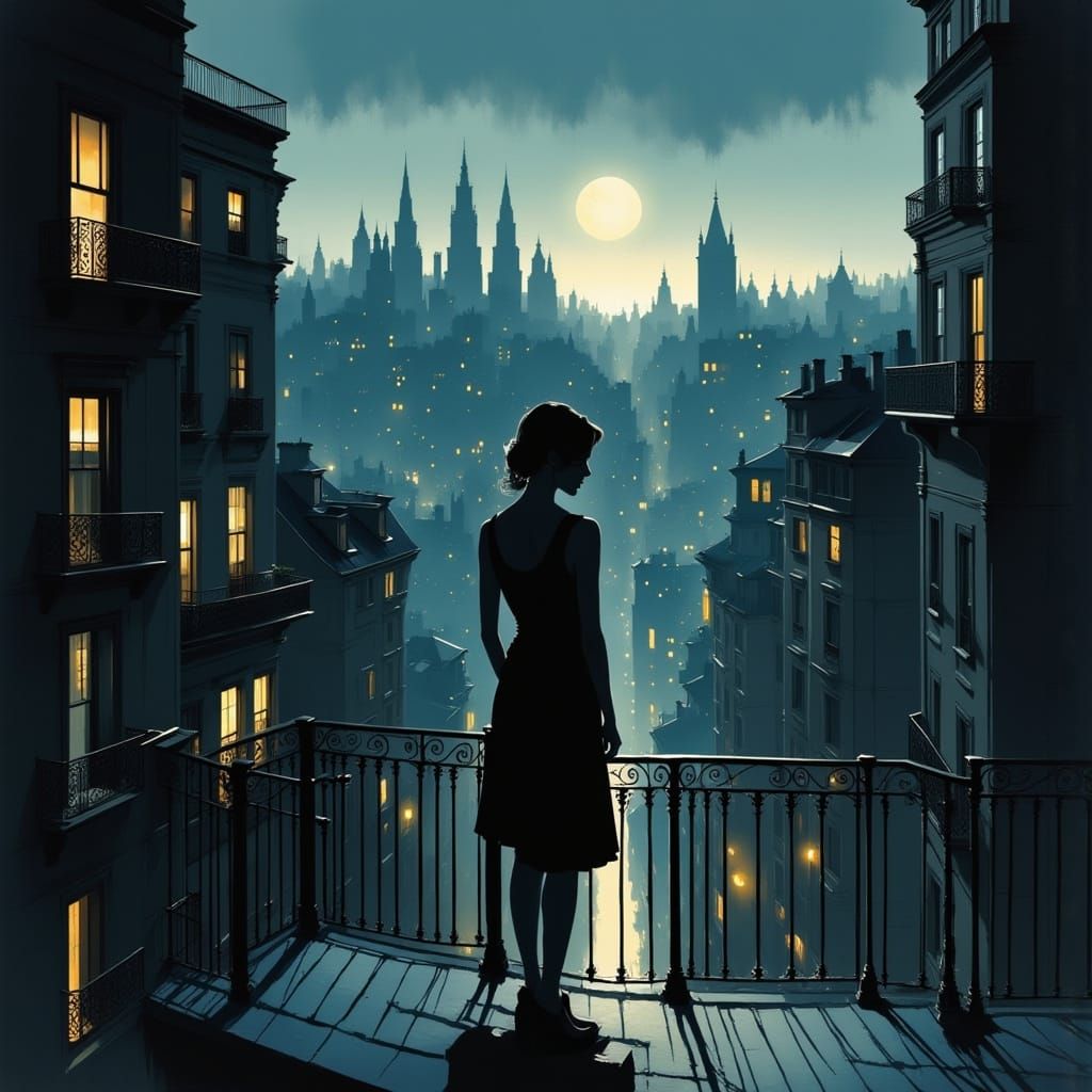 Woman Silhouetted Against Cityscape in Ink and Watercolor St...