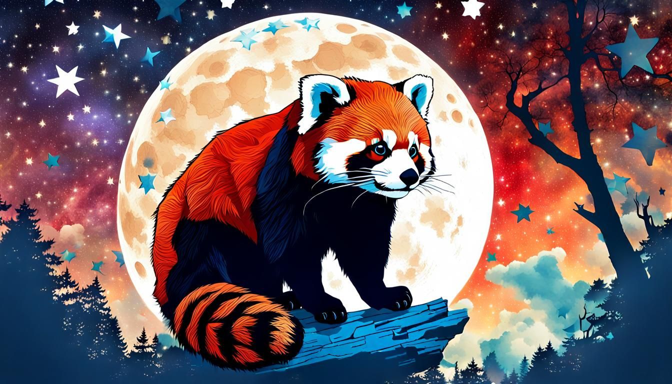 Red Panda Gazing at Stars in Double-Exposure Collage