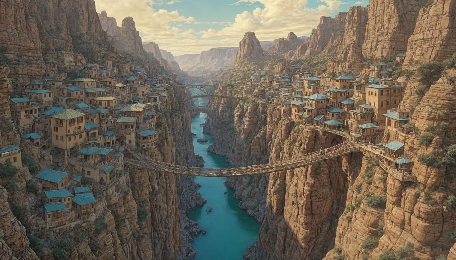 Vibrant Canyon Village Sketch in Pen and Ink Style