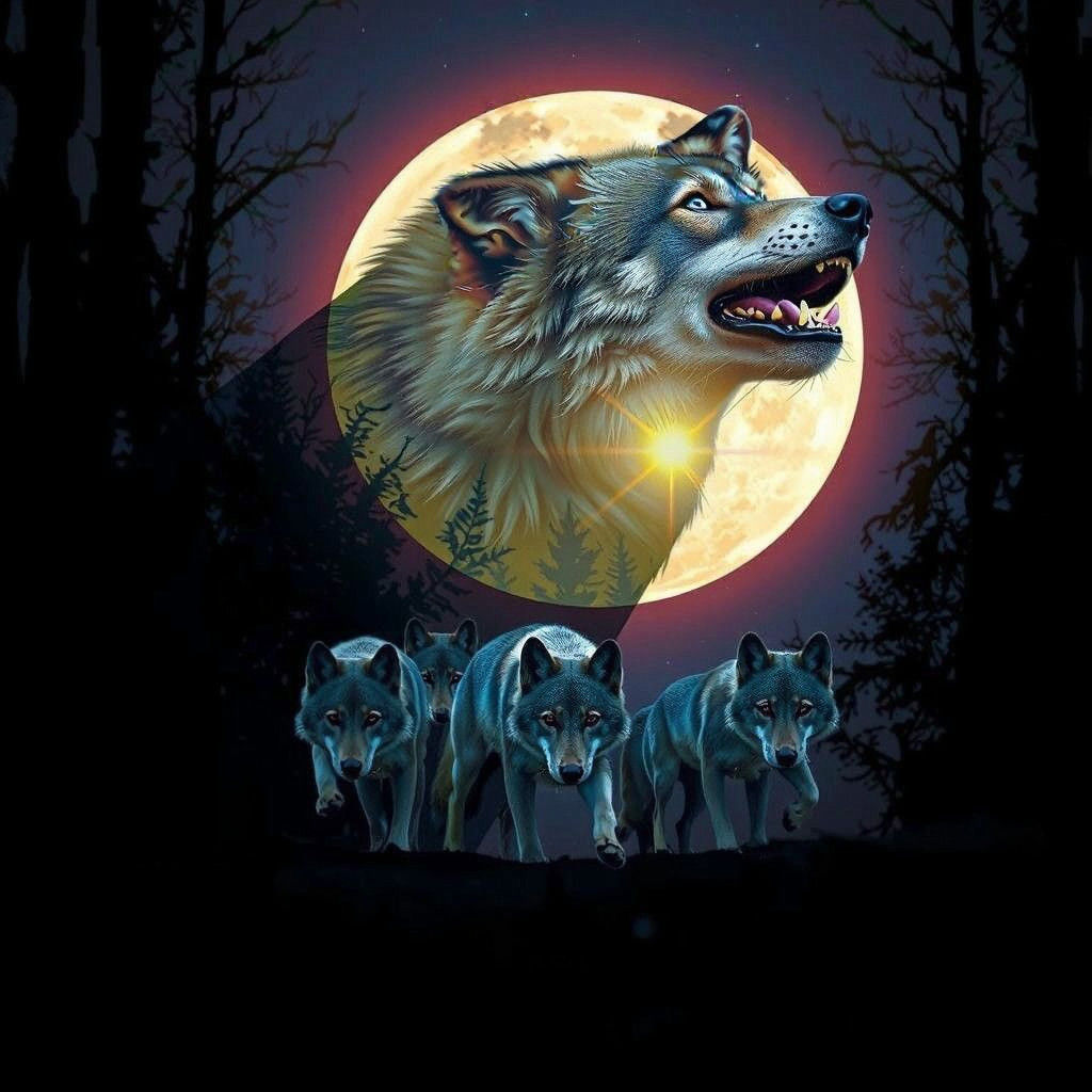 Full Moon Wolves Prowl Under Silhouetted Moonlit Forest