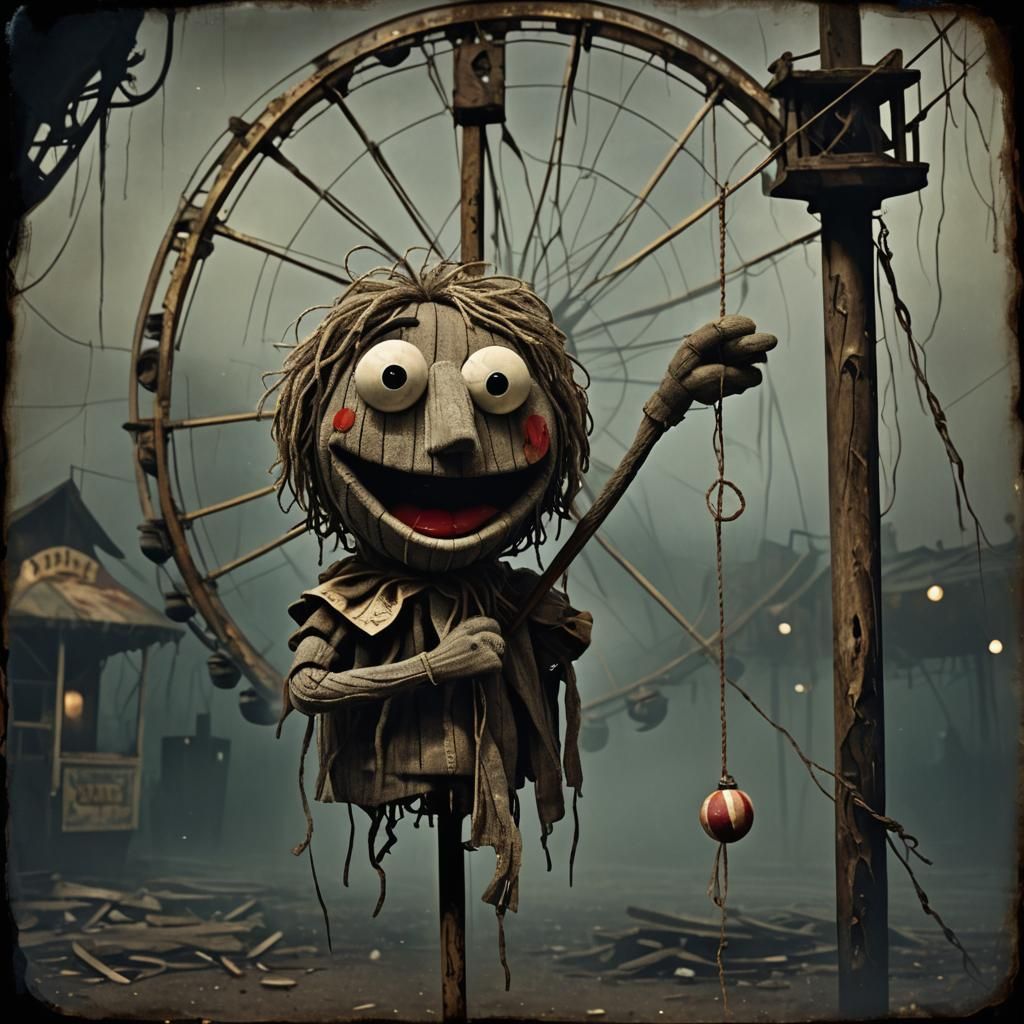 Eerie Surrealist Sock Puppet in Abandoned Carnival