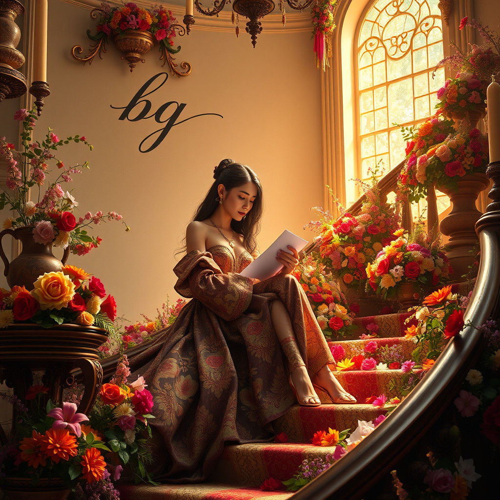 Opulent Interior: Woman Writing Letter as Matte Painting