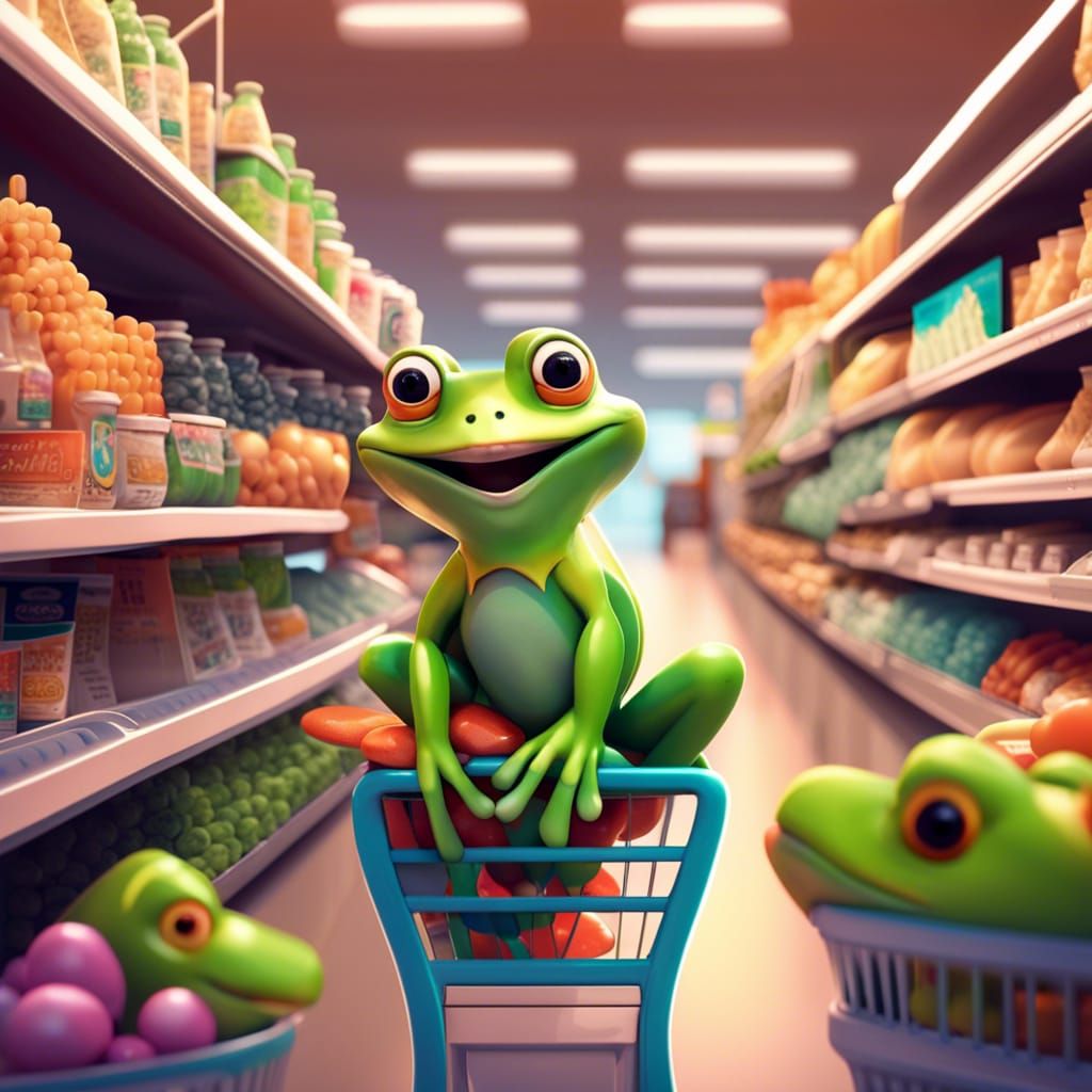 Frogs Shop at Supermarket: Pixar-Style 3D Art