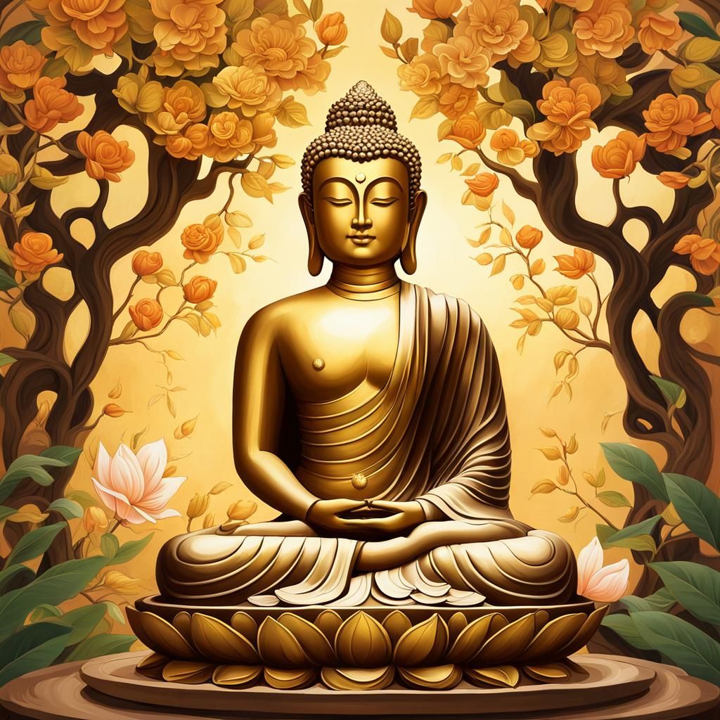 Buddha Under Bodhi Tree: Serene Oil Painting