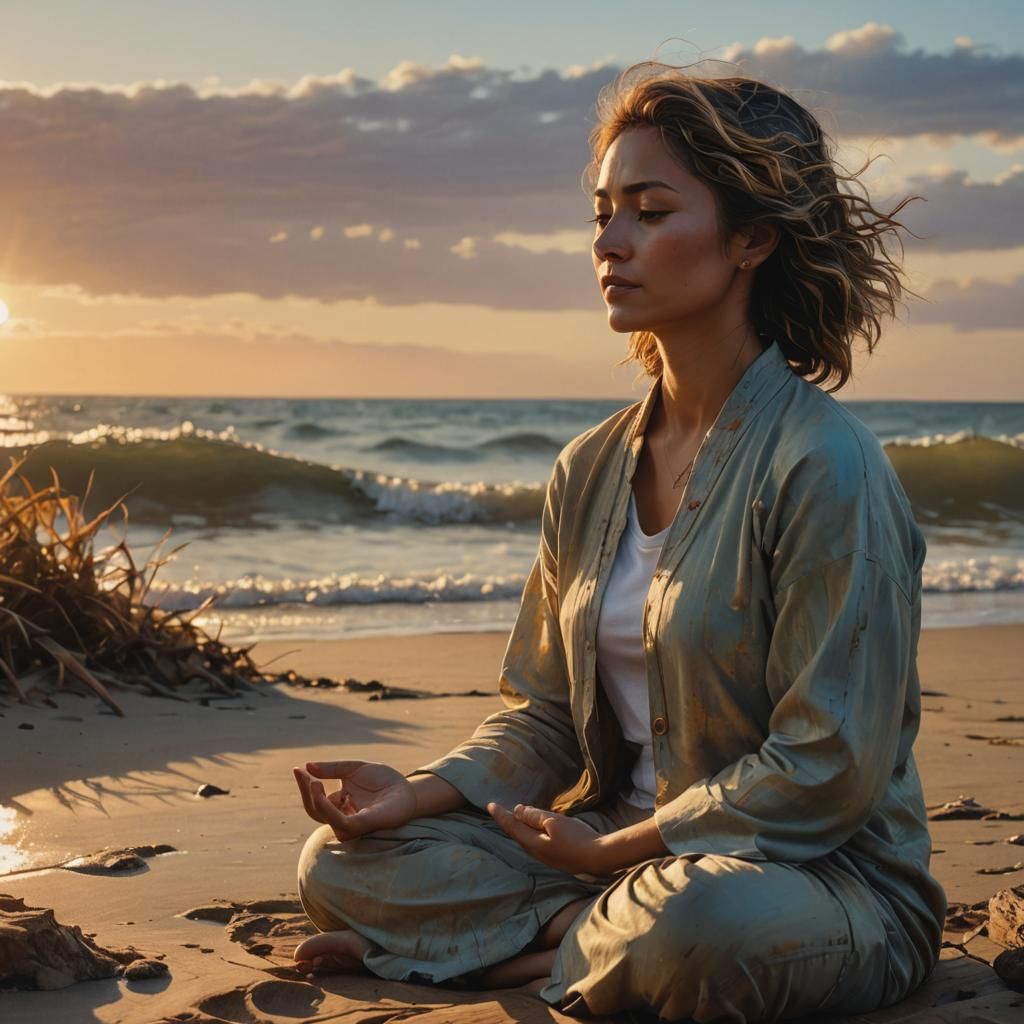 Meditating Woman on Beach at Sunset in Splash Art