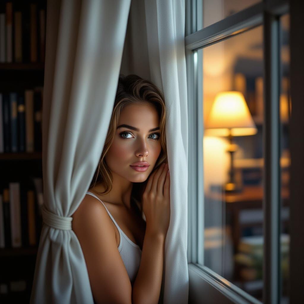 Surprised Woman Peering Through Curtain, Realistic Photograp...