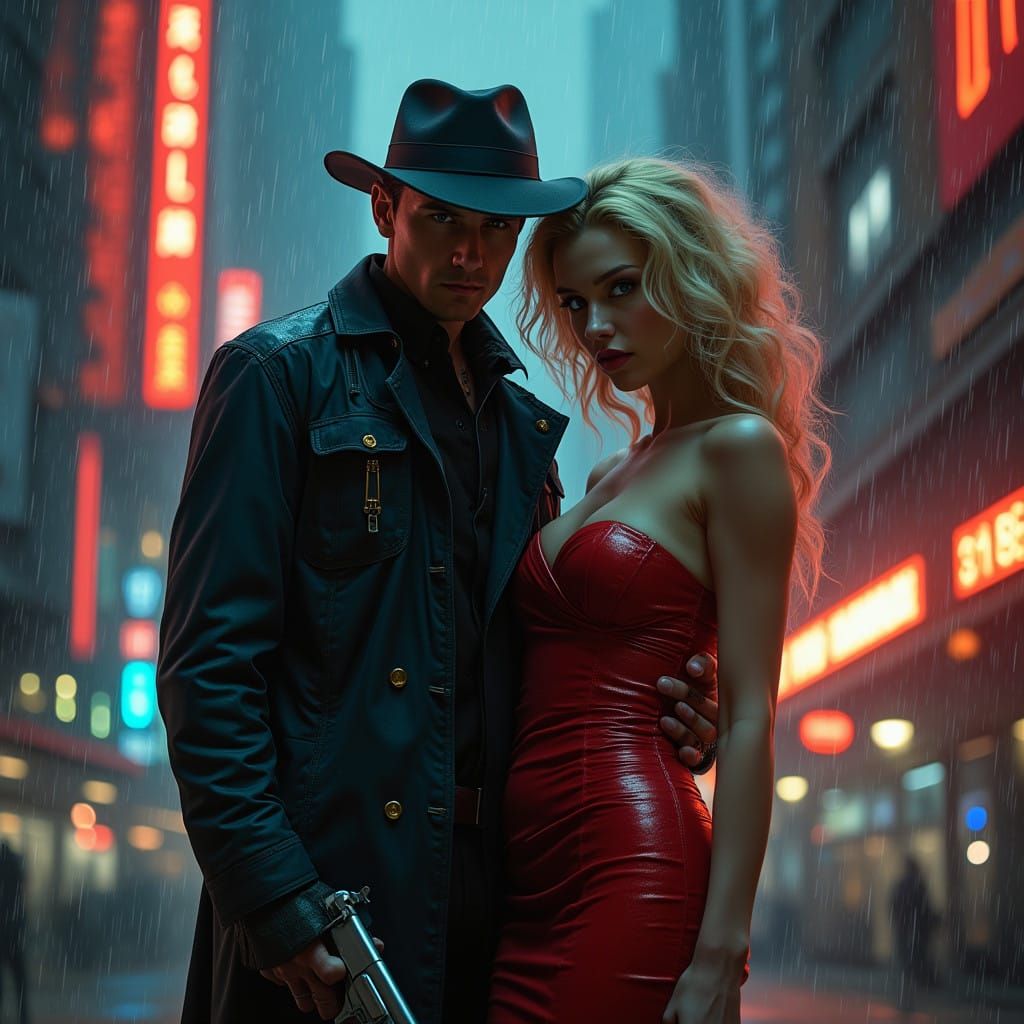 Sleek Noir Detective in Cyberpunk Cityscape