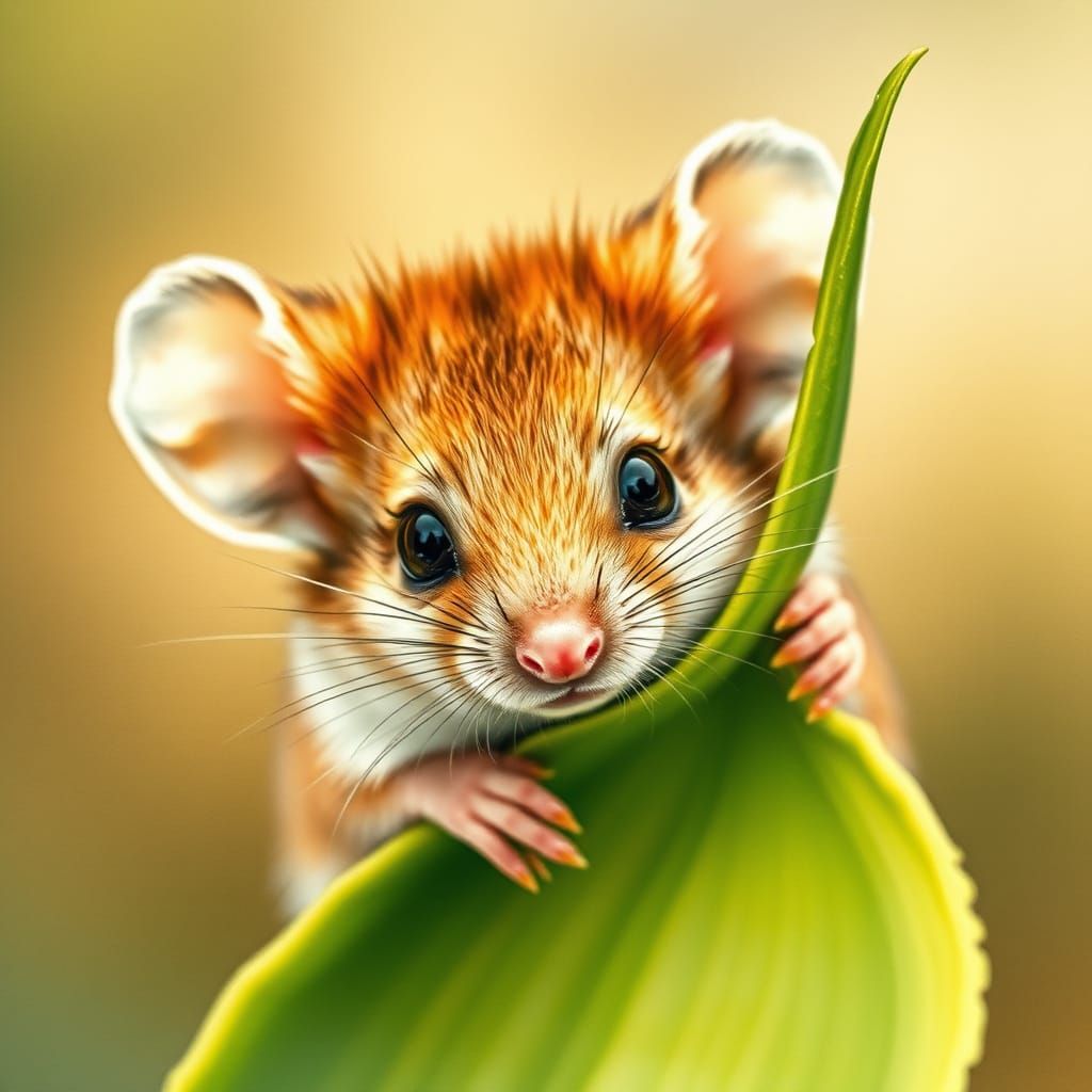 Shy Mouse Peeking From Leaf, Storybook Illustration