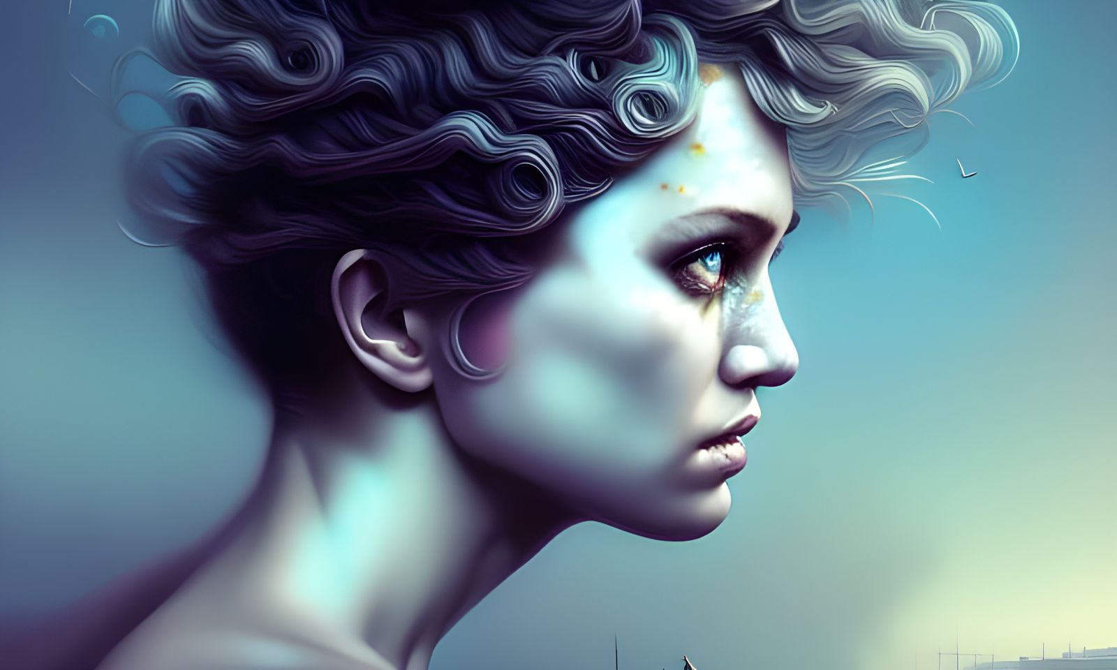 Intricate Portrait with Fractals in Light Blue