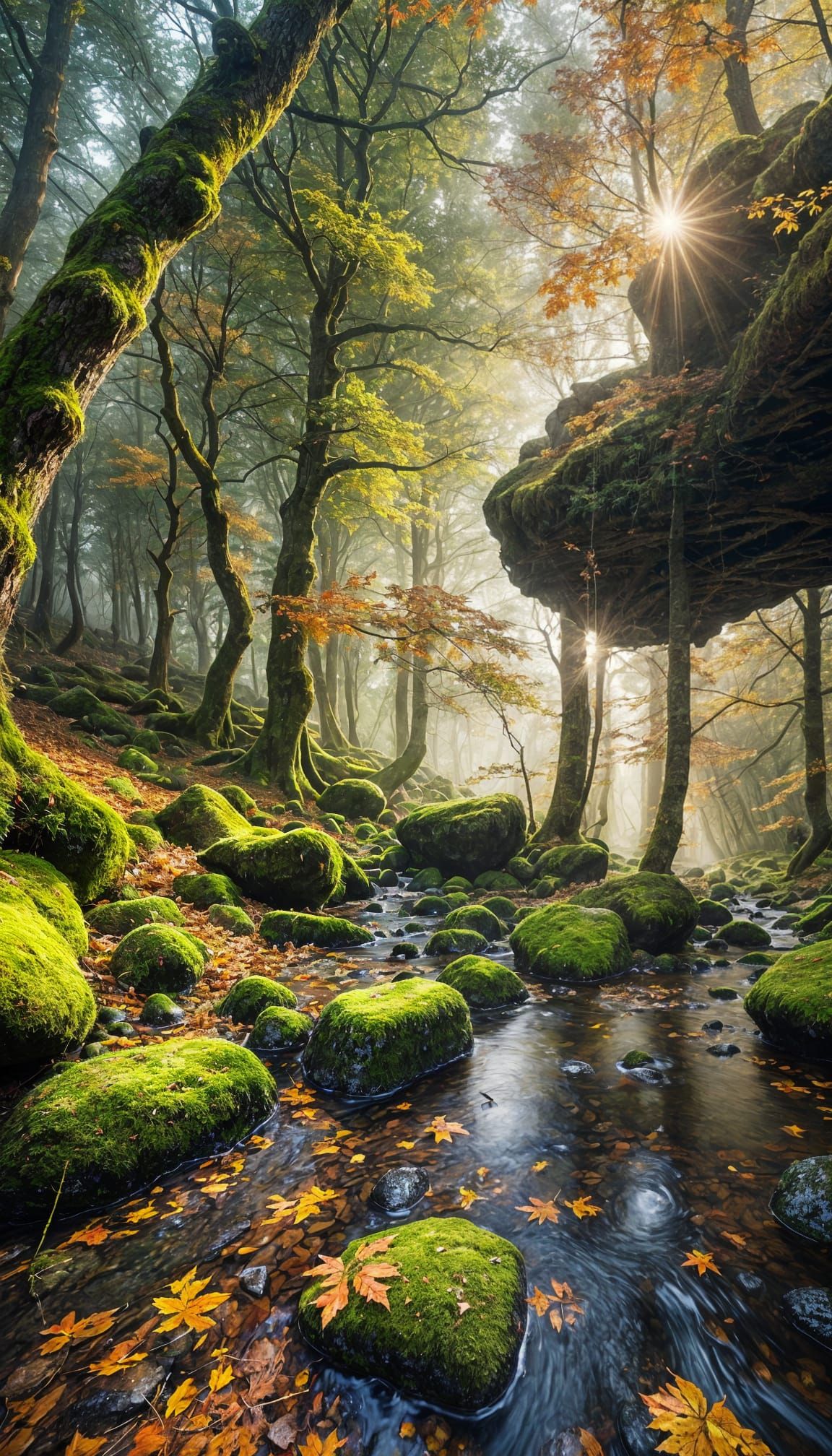 Autumn Forest Scene with Mossy Stones and Fog