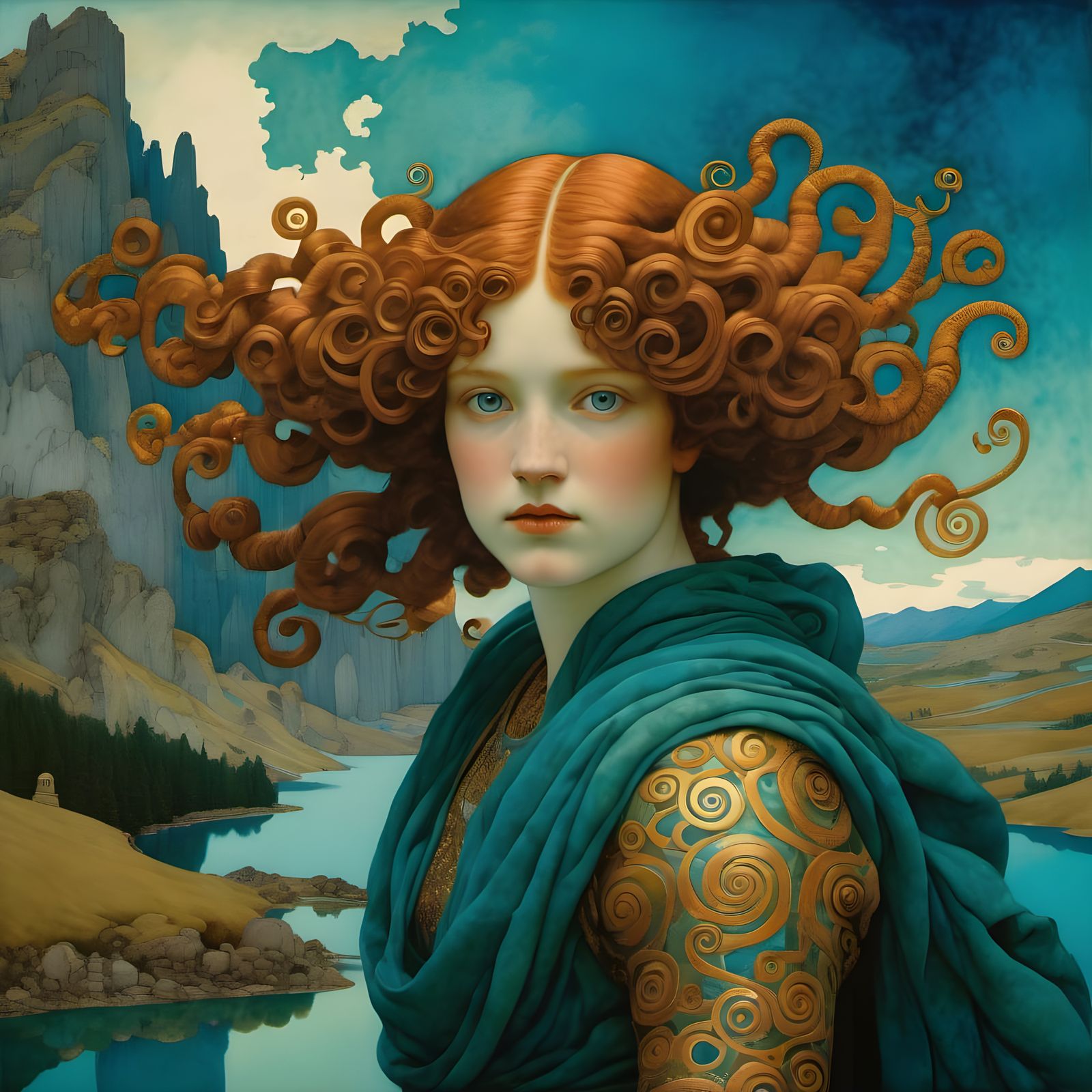 Botticelli-Inspired Woman with Copper Hair in a Spiraling La...