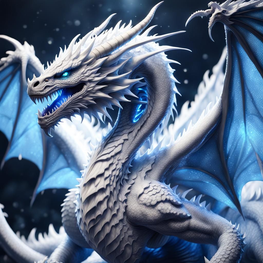White Dragon with Blue Frills: Fantasy Concept Art
