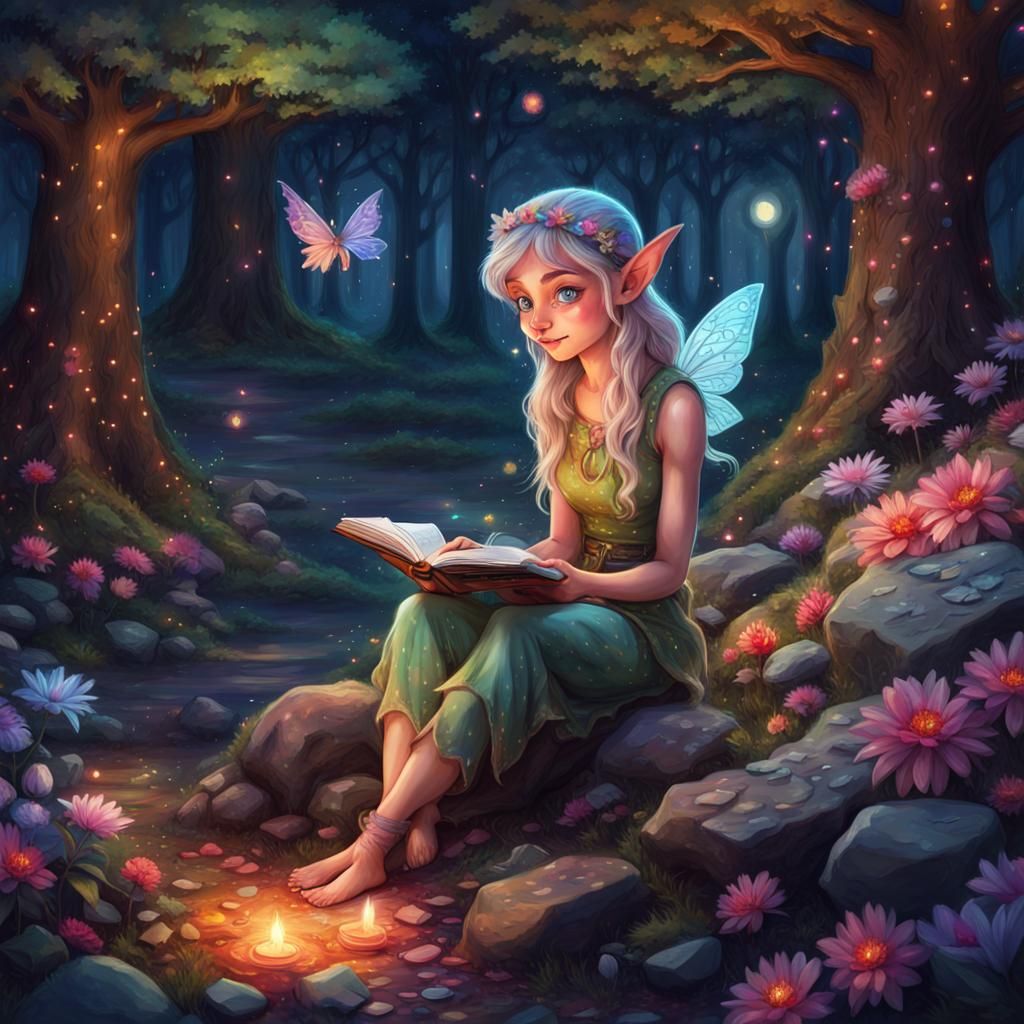 Enchanted Elf Bookshop in Astral Forest Illustration