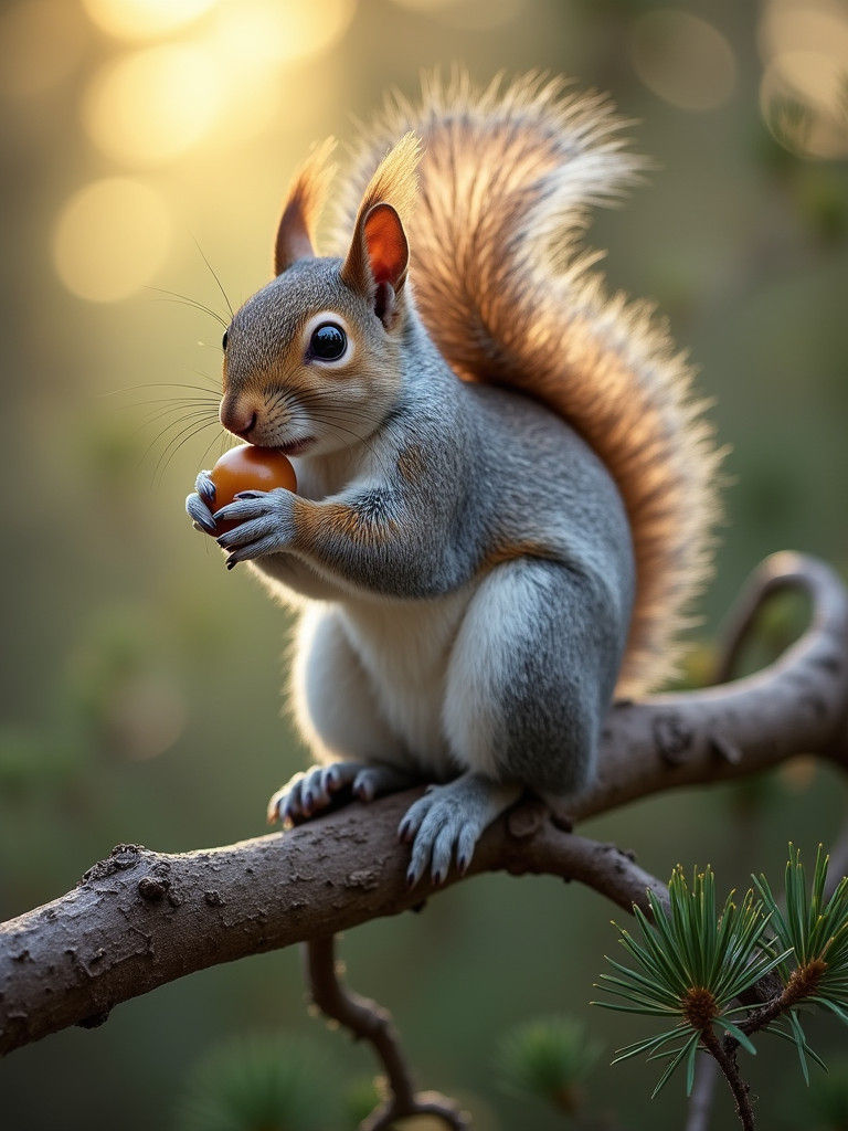 Squirrel with Acorn in Pine Forest, Realistic Wildlife