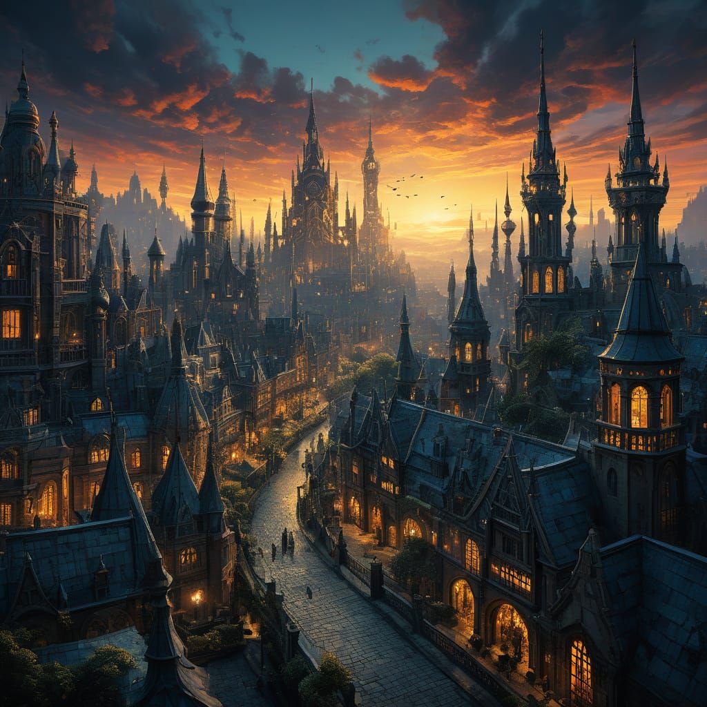 Surreal Cityscape at Dusk in Tim Burton-Inspired Style