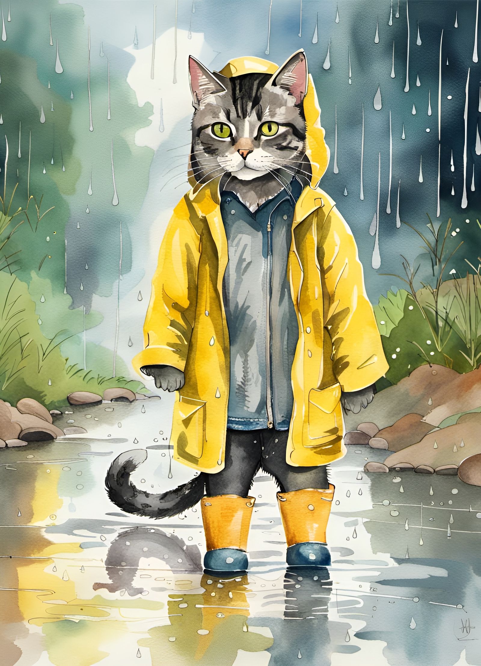 Lovely cat wearing raincoat & rubber boots