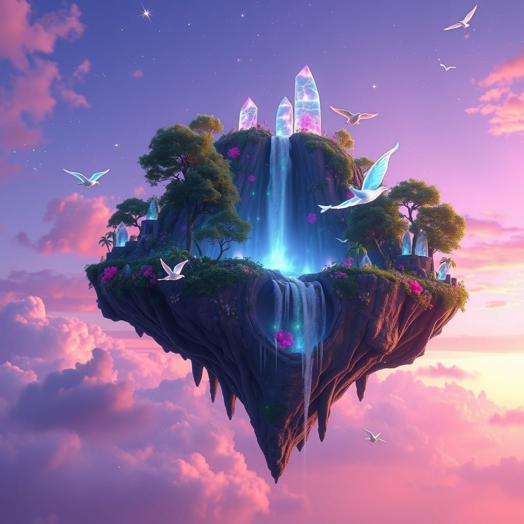 Majestic Floating Isle Radiant with Ethereal Flora and Lumin...
