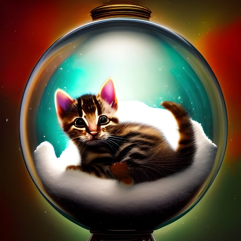 Kitten Sleeping in Snow Globe: Fantasy Digital Art