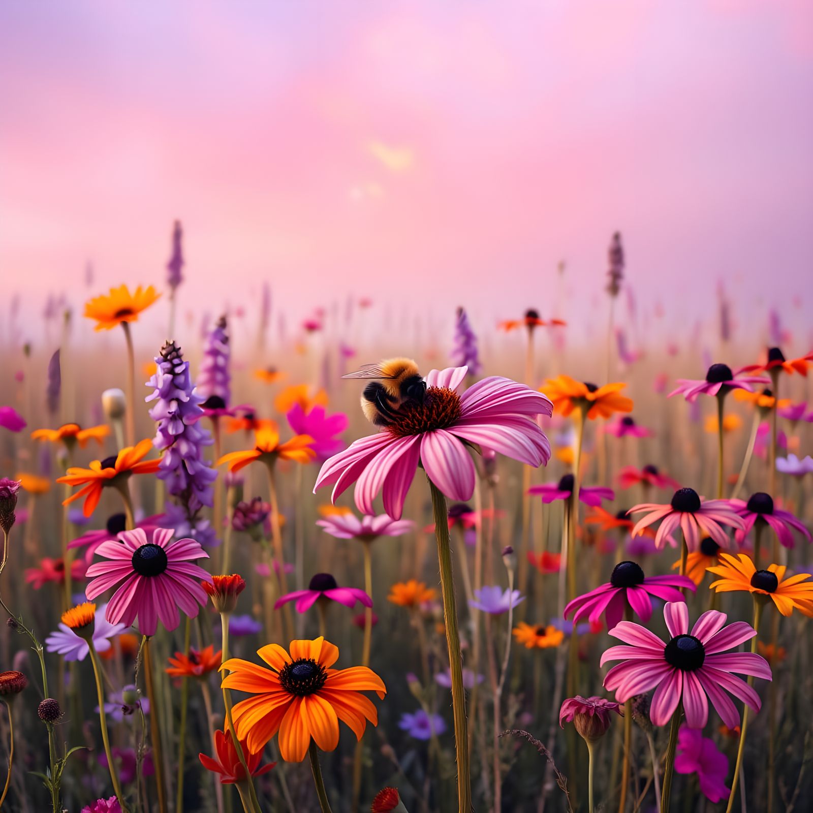Vibrant Wildflower Meadow at Sunset with a Sleeping Bee