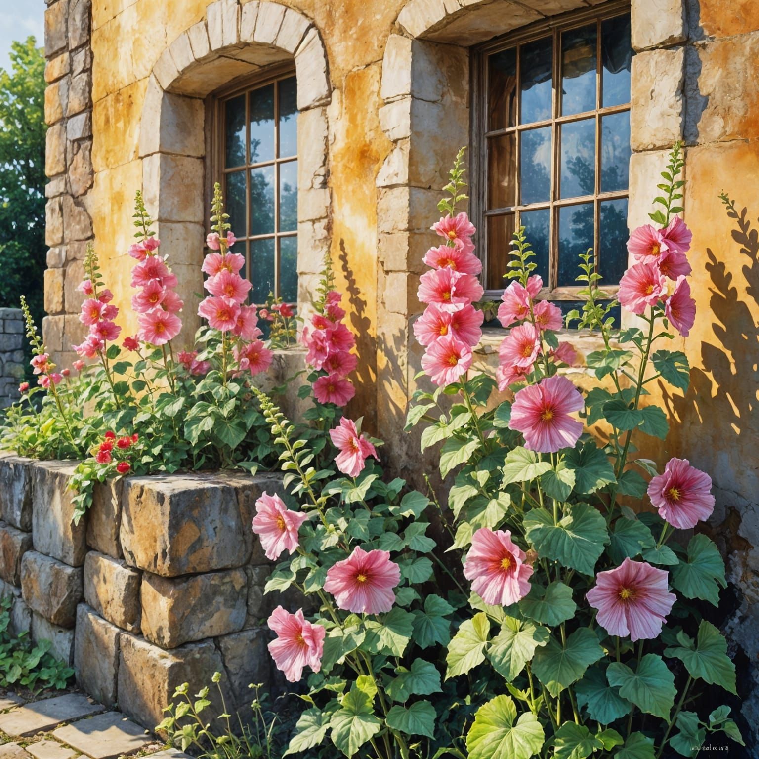 Colorful Hollyhock Flowers in Watercolor Garden Scene