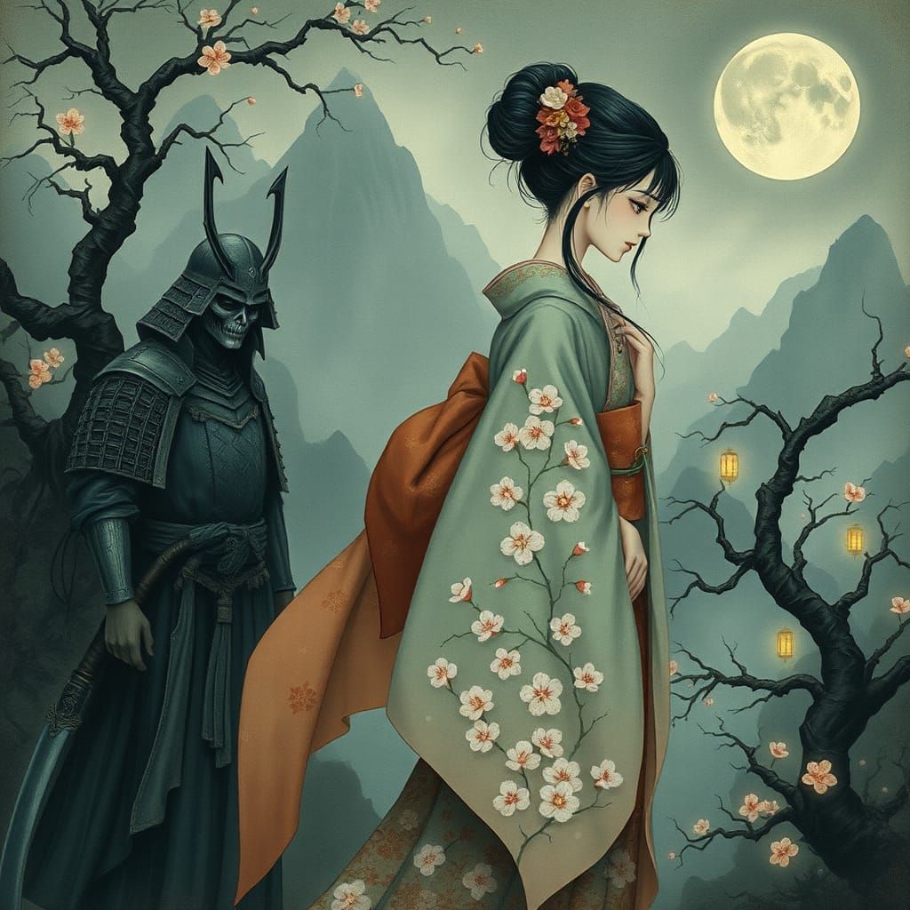 Ethereal Geisha and Ghost Samurai in Japanese Landscape