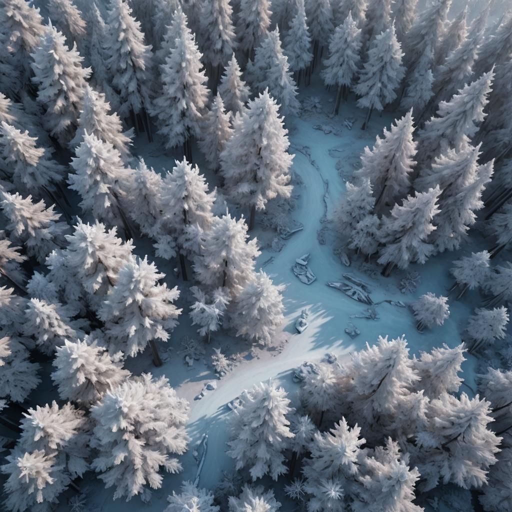 Frozen Forest Aerial View in Matte Painting Style