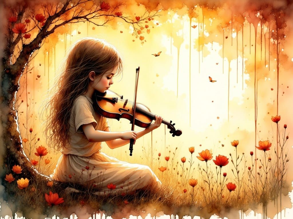 Ethereal Ink Portrait of a Young Violinist Lost in Thought