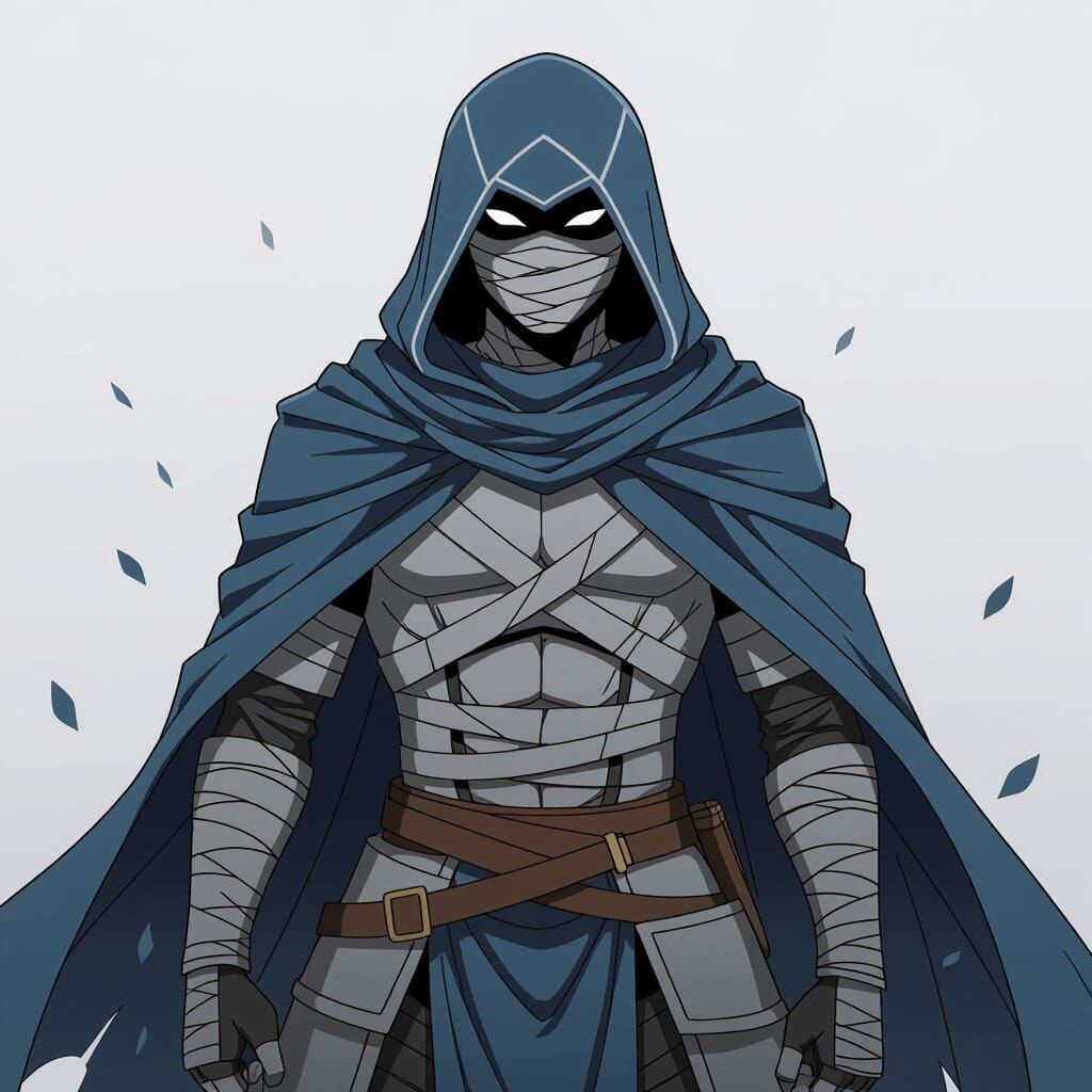 Armored Figure in Shadowy Cloak, Cel-Shaded Anime Style