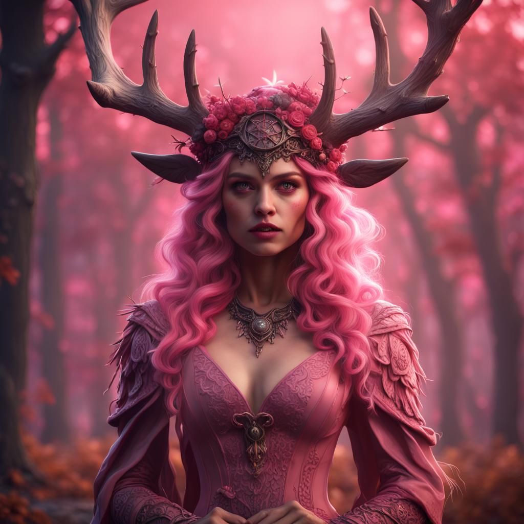 Pink Witch with Antler Headdress in Detailed Matte Painting