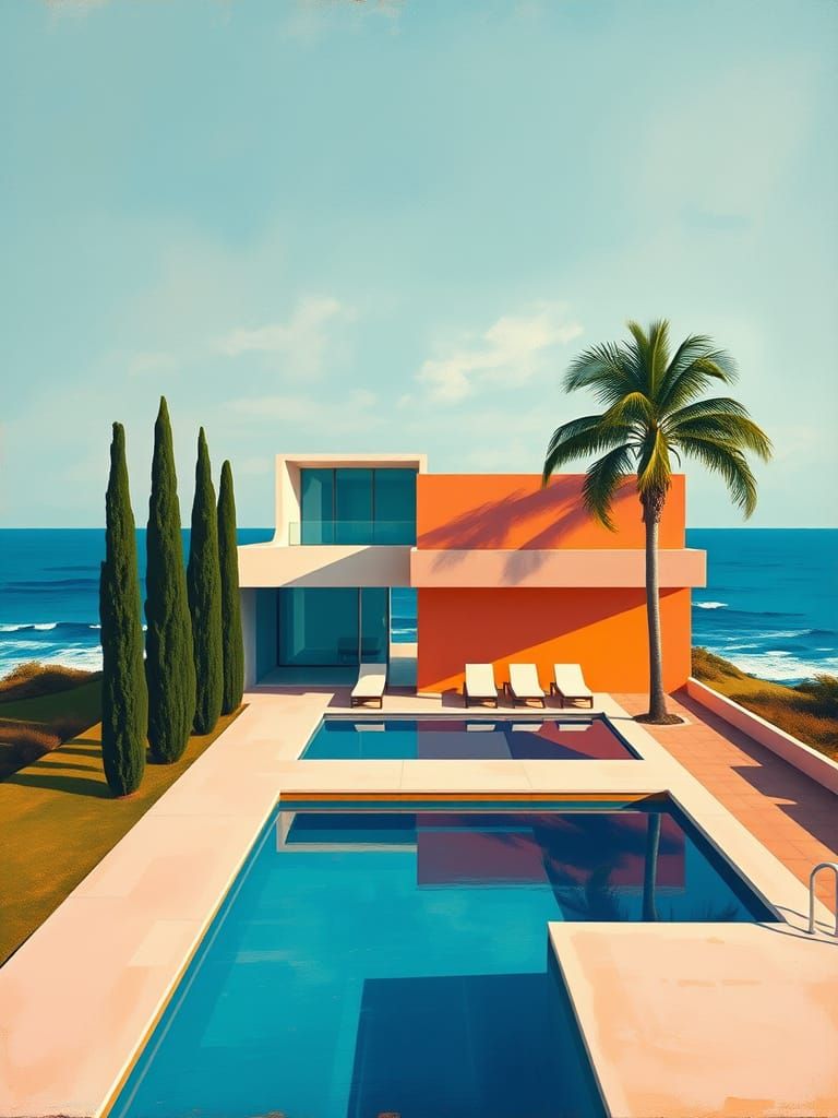 Minimalist Ocean House in Abstract Oil Painting Style