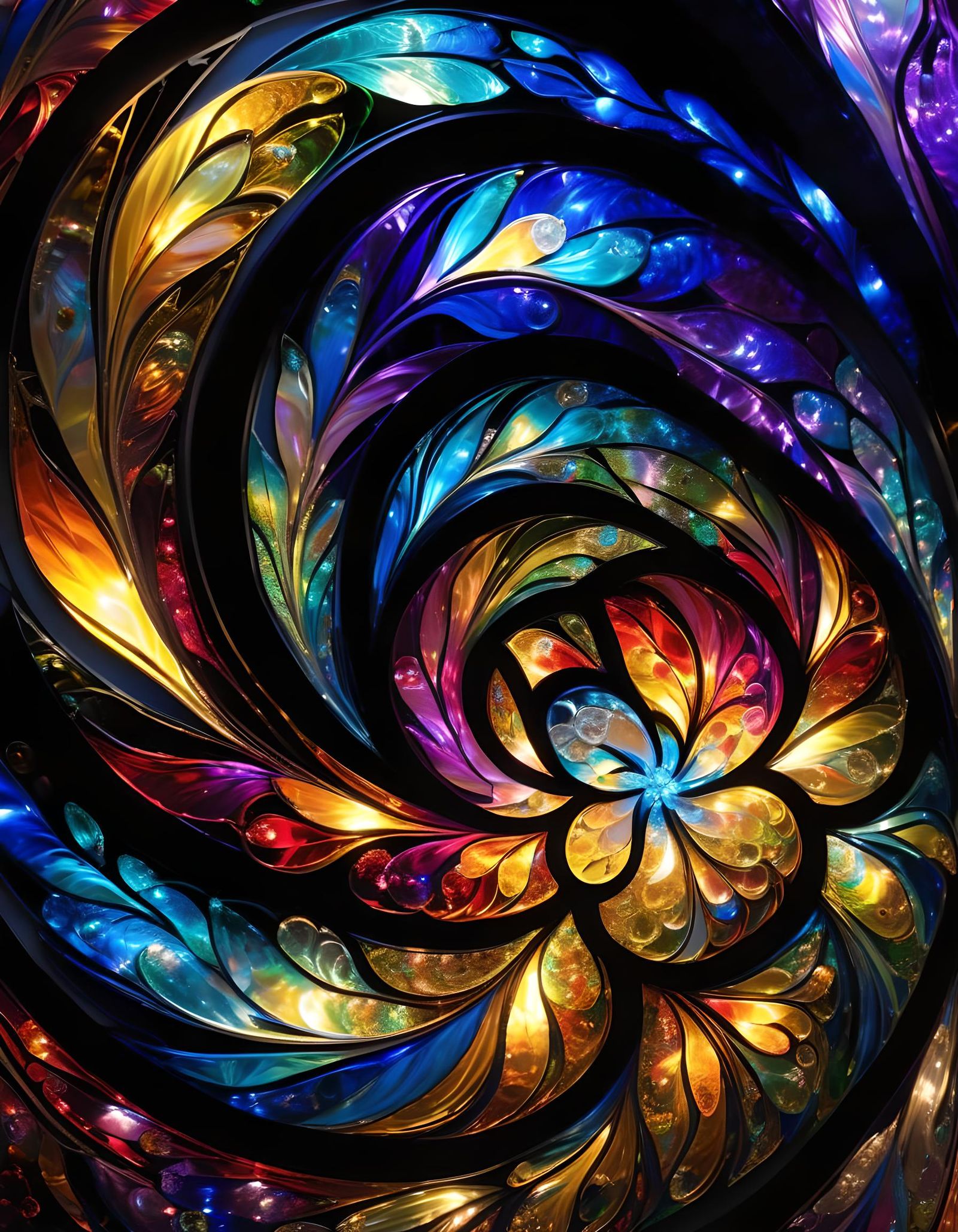 Luminous Stained Glass Flower in the Dark Night