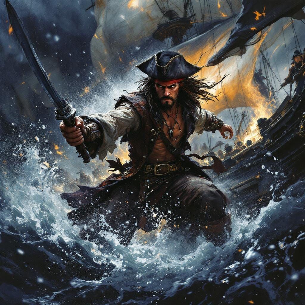 Pirate Captain Raids Treasure Ship: Oil Painting