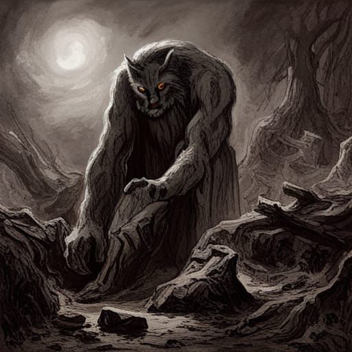 Frost Giant Cat in Frozen Forest, Horror Art