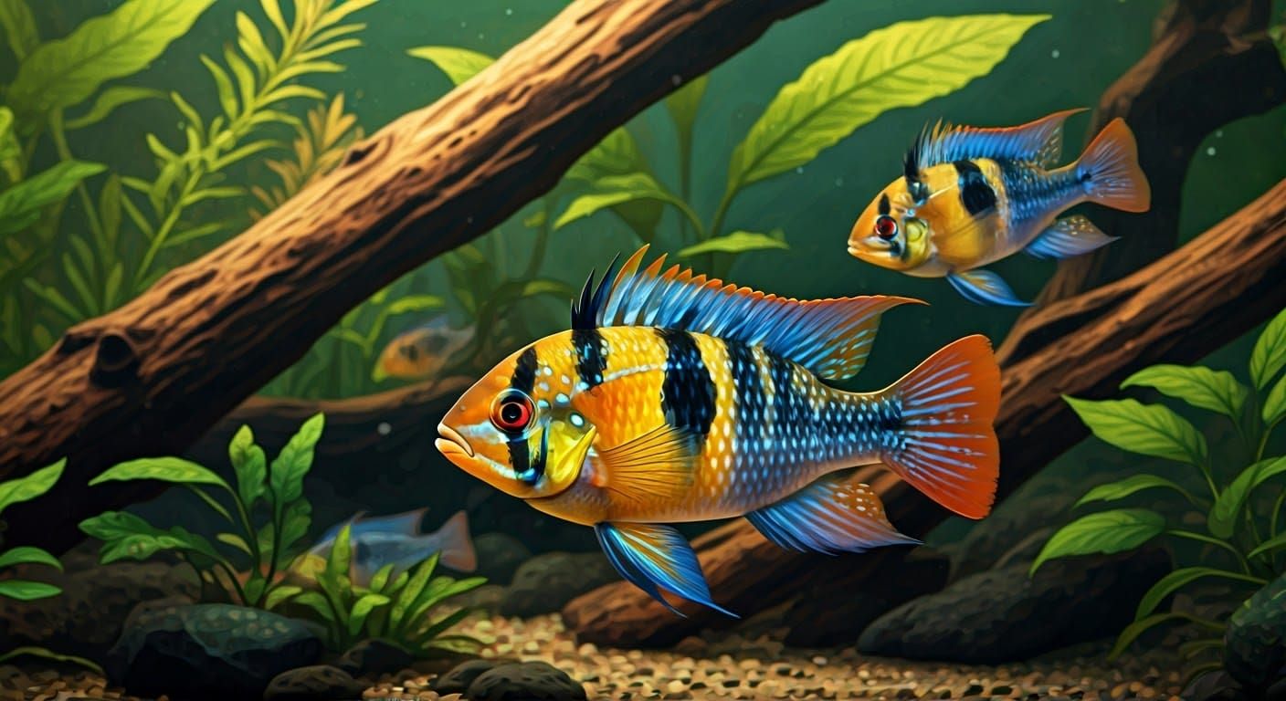 Vibrant School of Ram Cichlids in Hyper-Realistic Underwater...