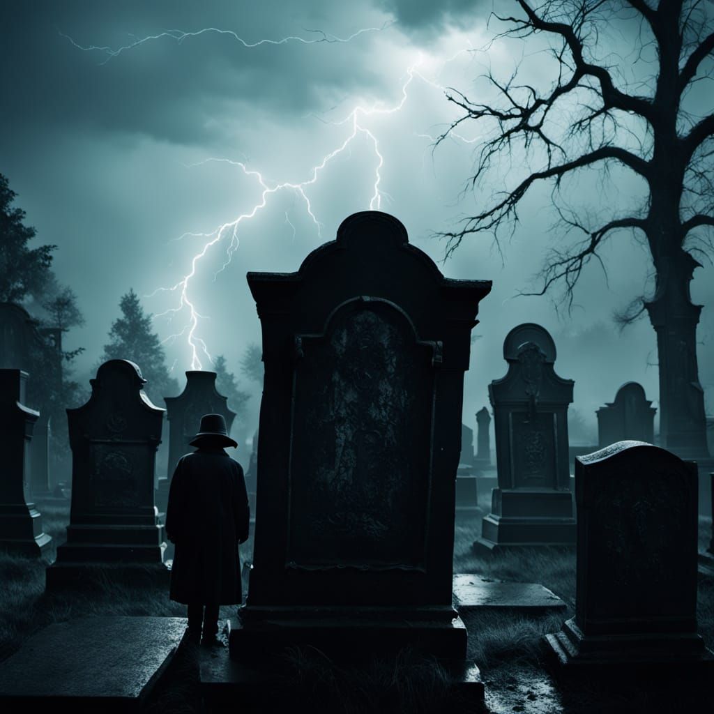 Eerie Cemetery Scene in Moody Film Noir Style