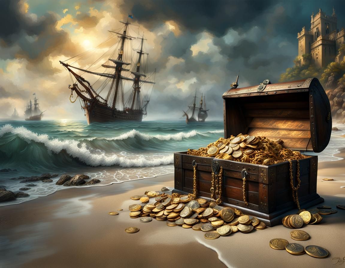 Pirate Treasure Chest on Sandy Beach