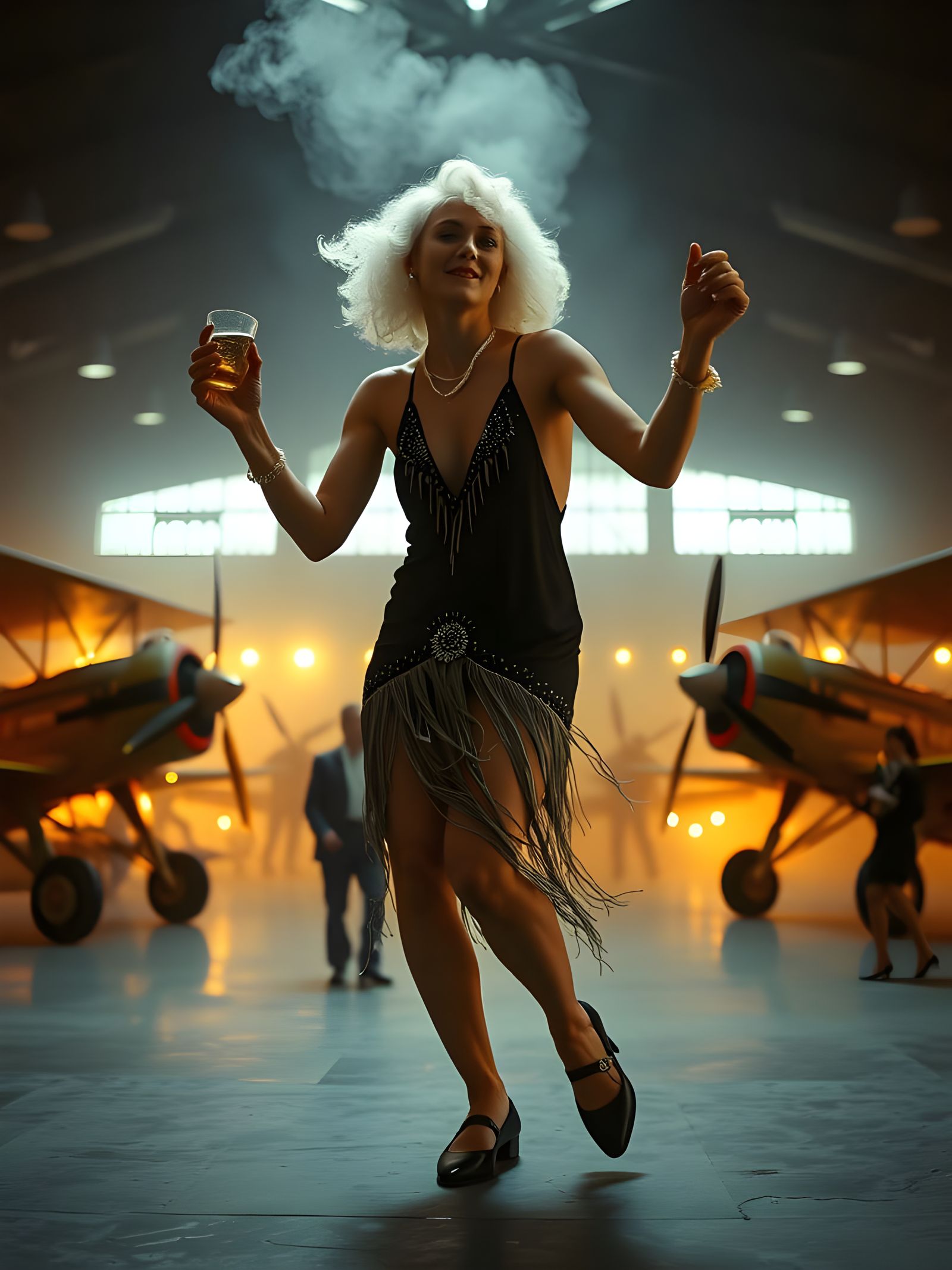 Roaring 20s: Flapper in a Smoky Hangar