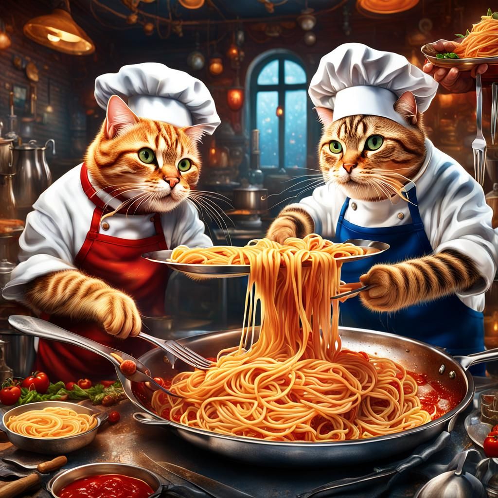 Hyperdetailed Cats Cook Spaghetti Dinner: Fantasy Art