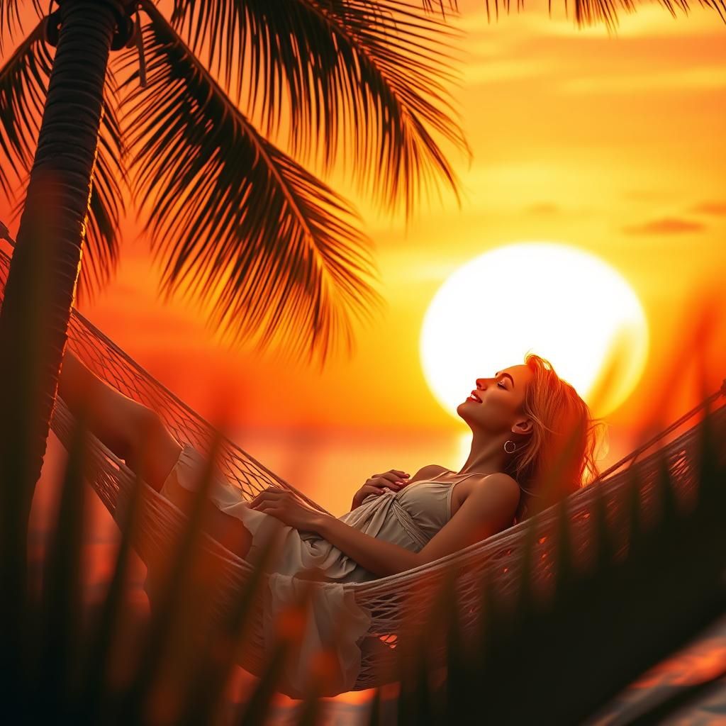 Woman in Hammock at Sunset in Photorealistic Style