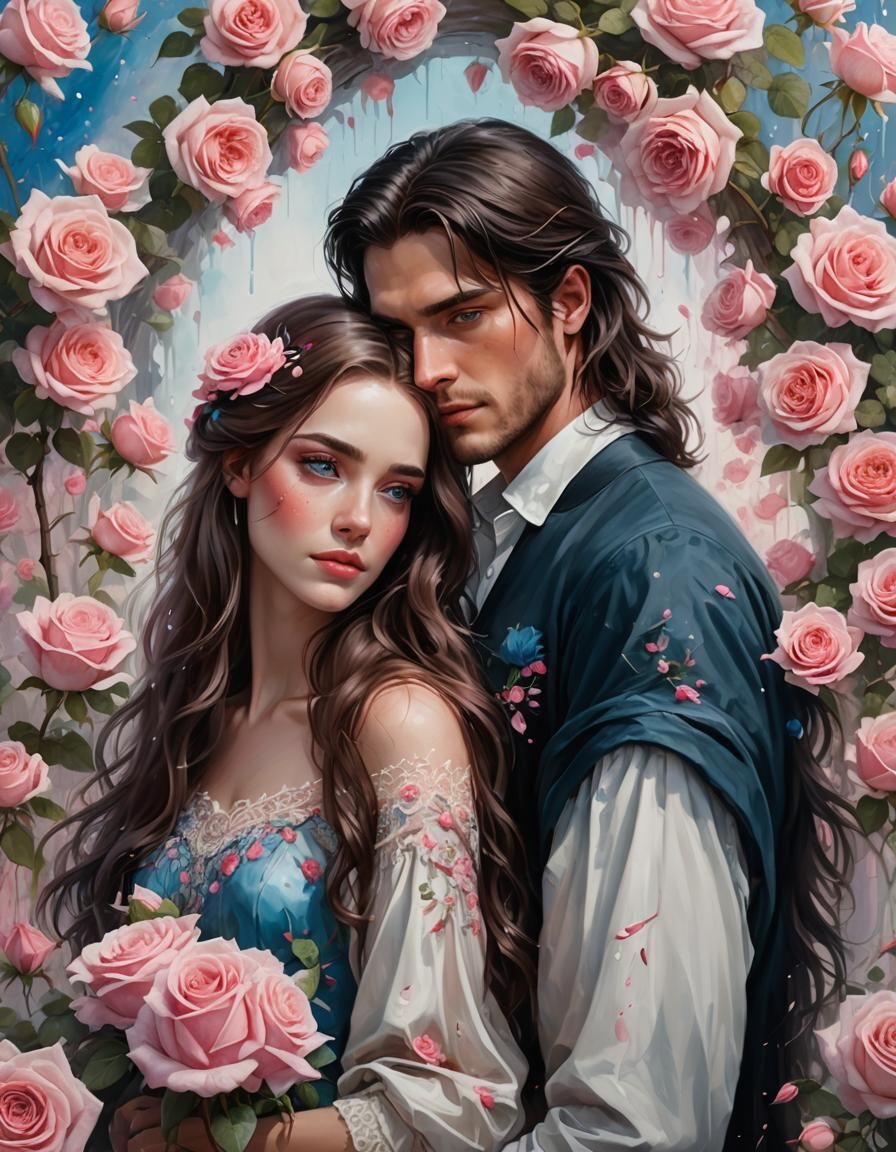 Romantic Couple in Pink Roses, Detailed Oil Painting