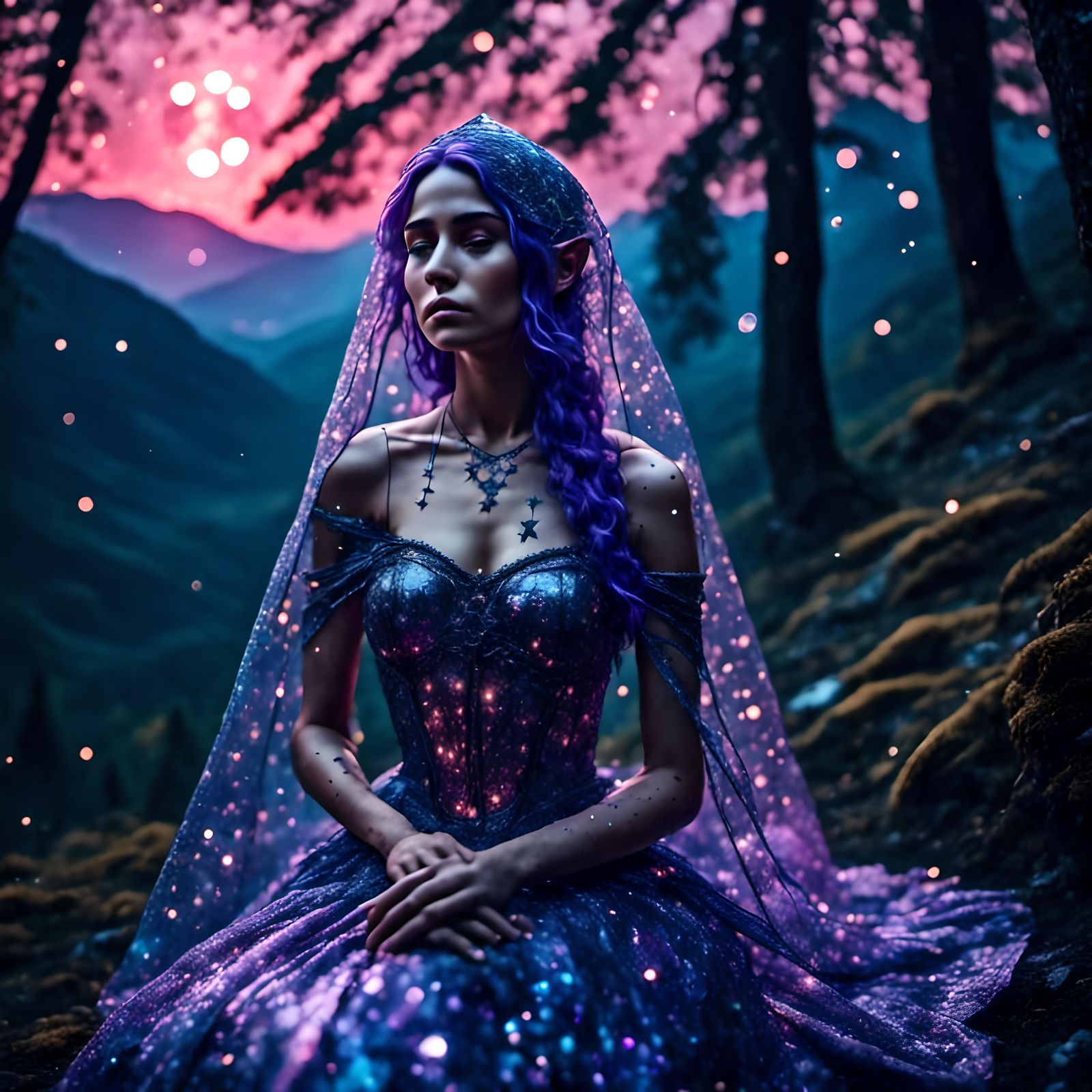 Elven Woman with Purple Hair in Forest