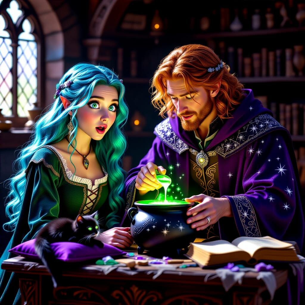 Fantasy Apprentice and Mentor with Glowing Potion