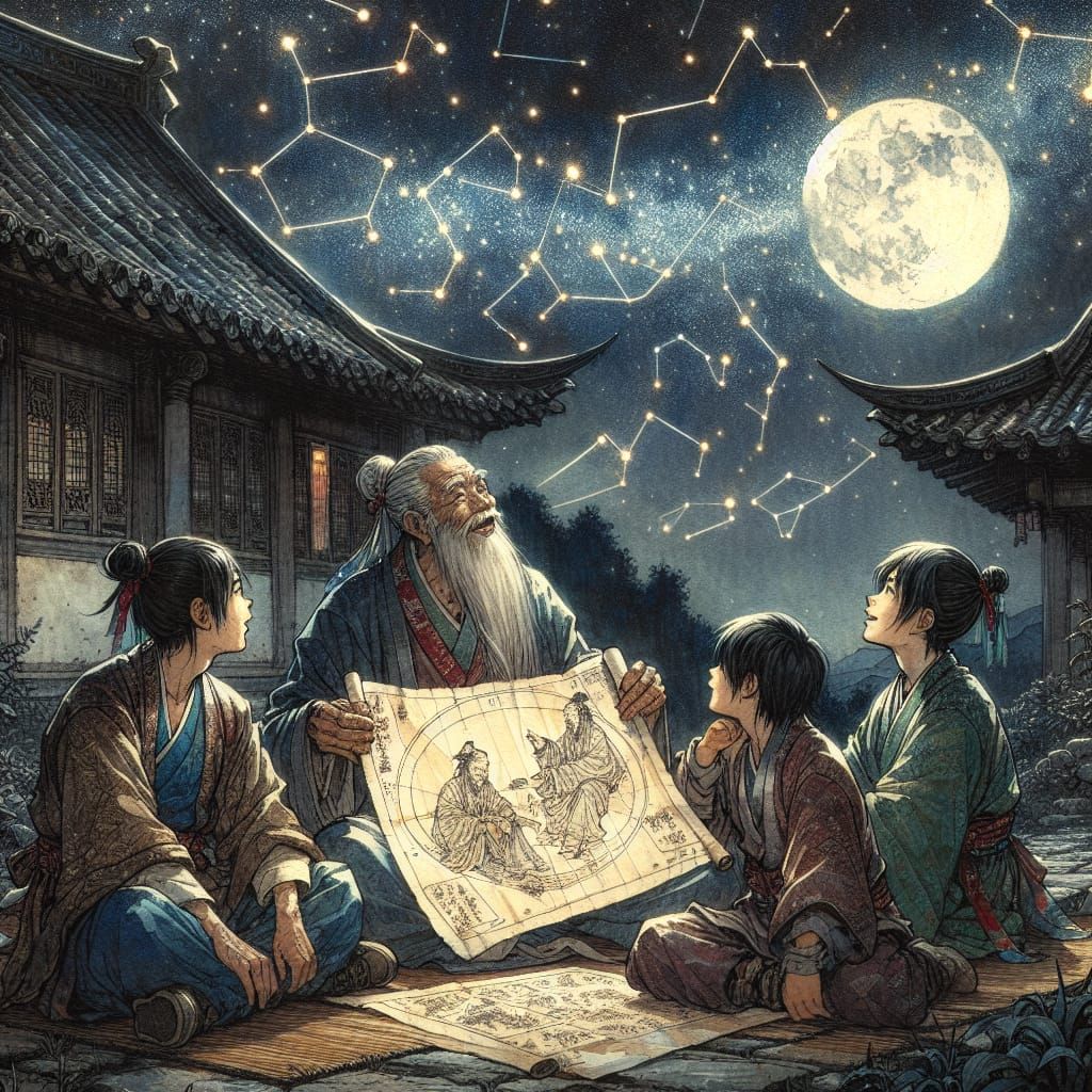 A Wise Elder Guides His Grandsons Through the Night Sky