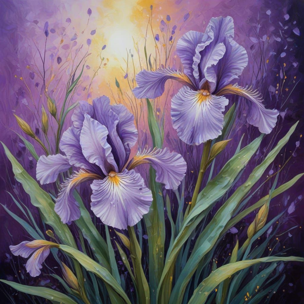 Surreal Impasto Oil Painting of Purple Irises