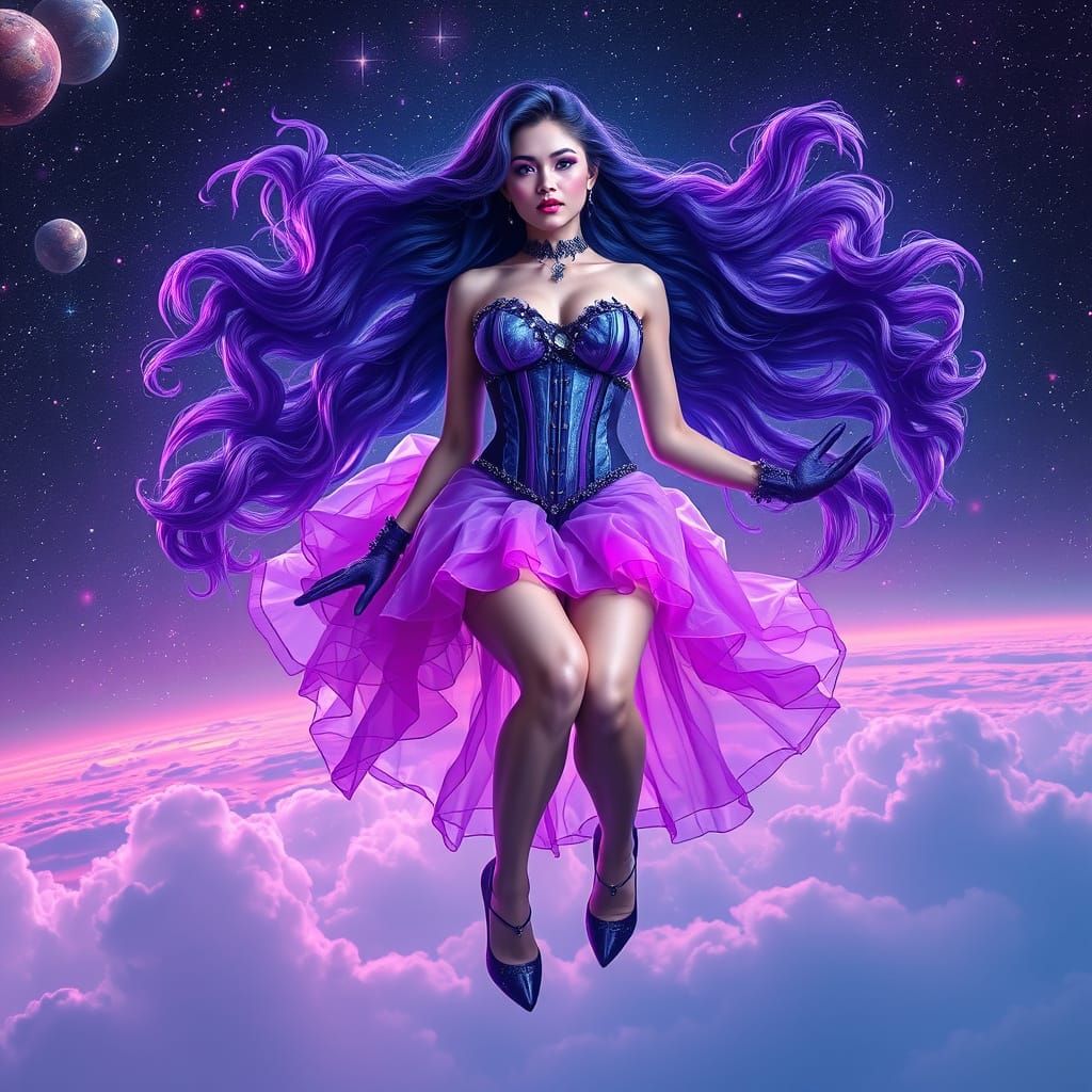 Futuristic Androgynous Woman in Cosmic Dress